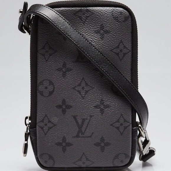 Louis Vuitton Monogram Eclipse Canvas Double Phone Pouch Crossbody Bag - Picture 1 of 12